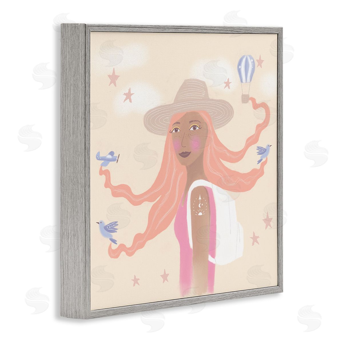 Tina Devins Girl Flowing Hair Birds Plane Hot Air Balloon Gray Framed Glicee Wall Art Print