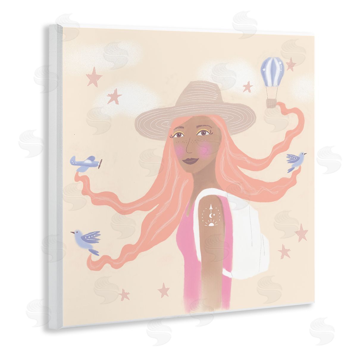 Tina Devins Girl Flowing Hair Birds Plane Hot Air Balloon Wooden Wall Plaque Art Print