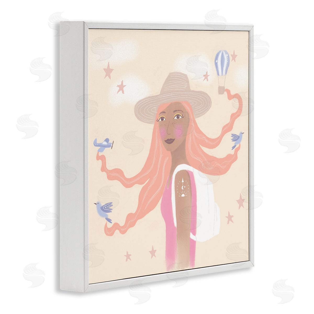 Tina Devins Girl Flowing Hair Birds Plane Hot Air Balloon White Framed Glicee Wall Art Print