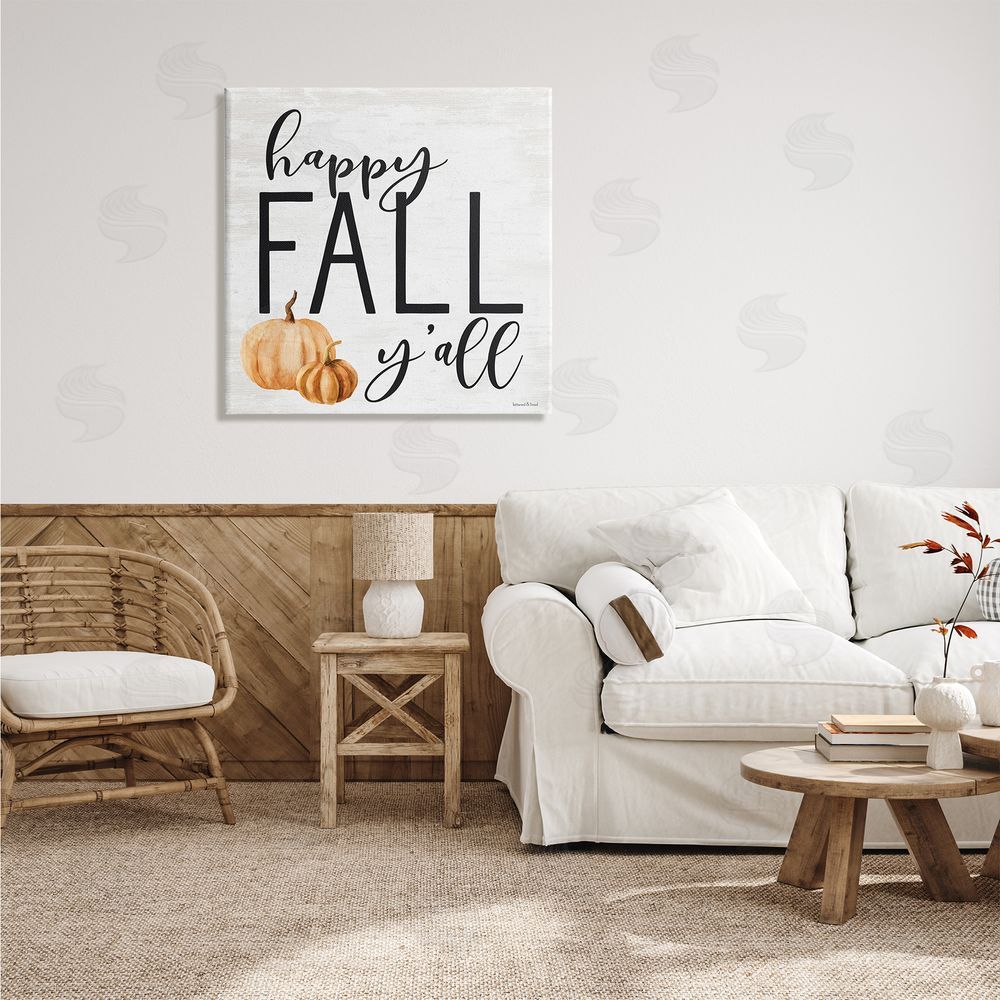 Lettered and Lined Happy Fall Y'all Phrase Orange Farm Pumpkin Gourd Canvas Wall Art in Room