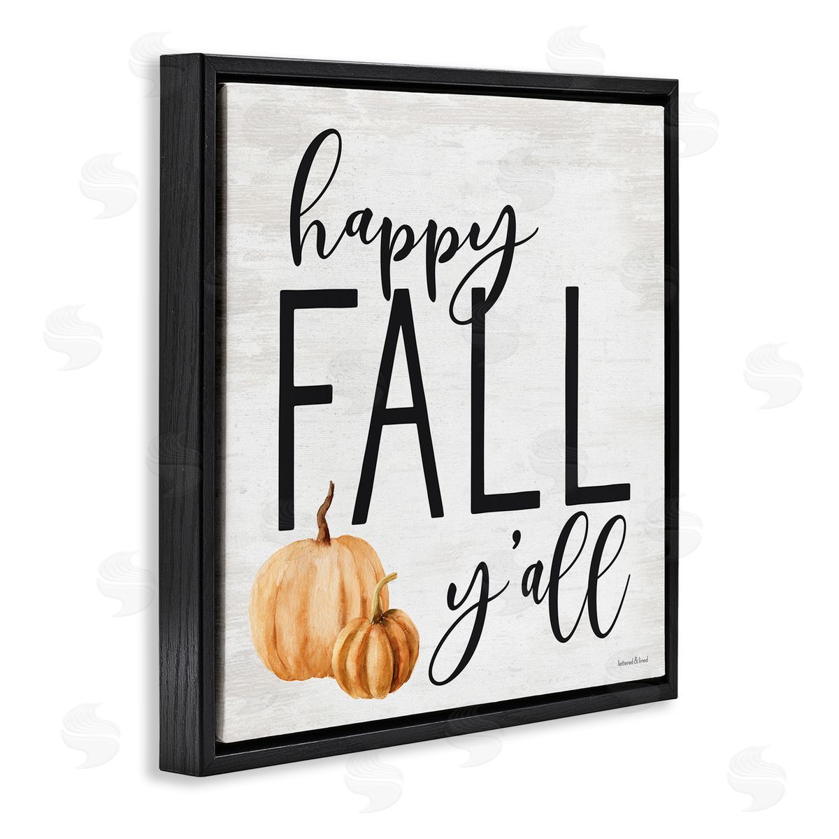 Lettered and Lined Happy Fall Y'all Phrase Orange Farm Pumpkin Gourd Black Floating Frame Canvas Wall Art Print