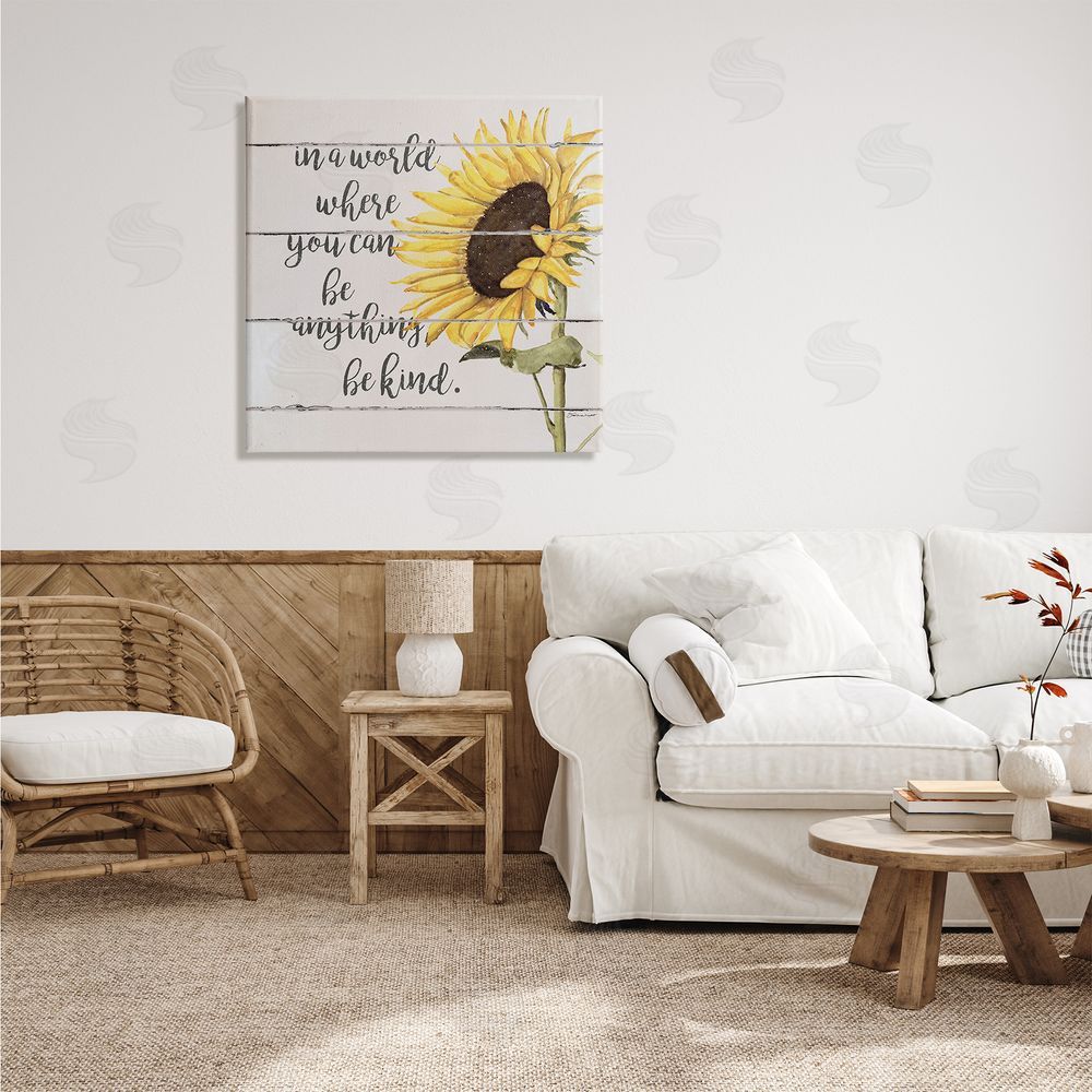 Stephanie Workman Marrott Be Anything Be Kind Motivational Quote Farmhouse Sunflower Canvas Wall Art in Room