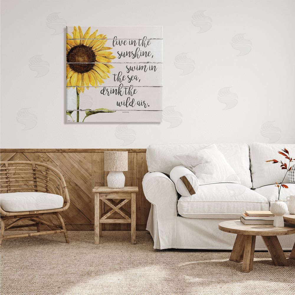 Stephanie Workman Marrott Live In Sunshine Drink Wild Air Phrase Sunflower Canvas Wall Art in Room