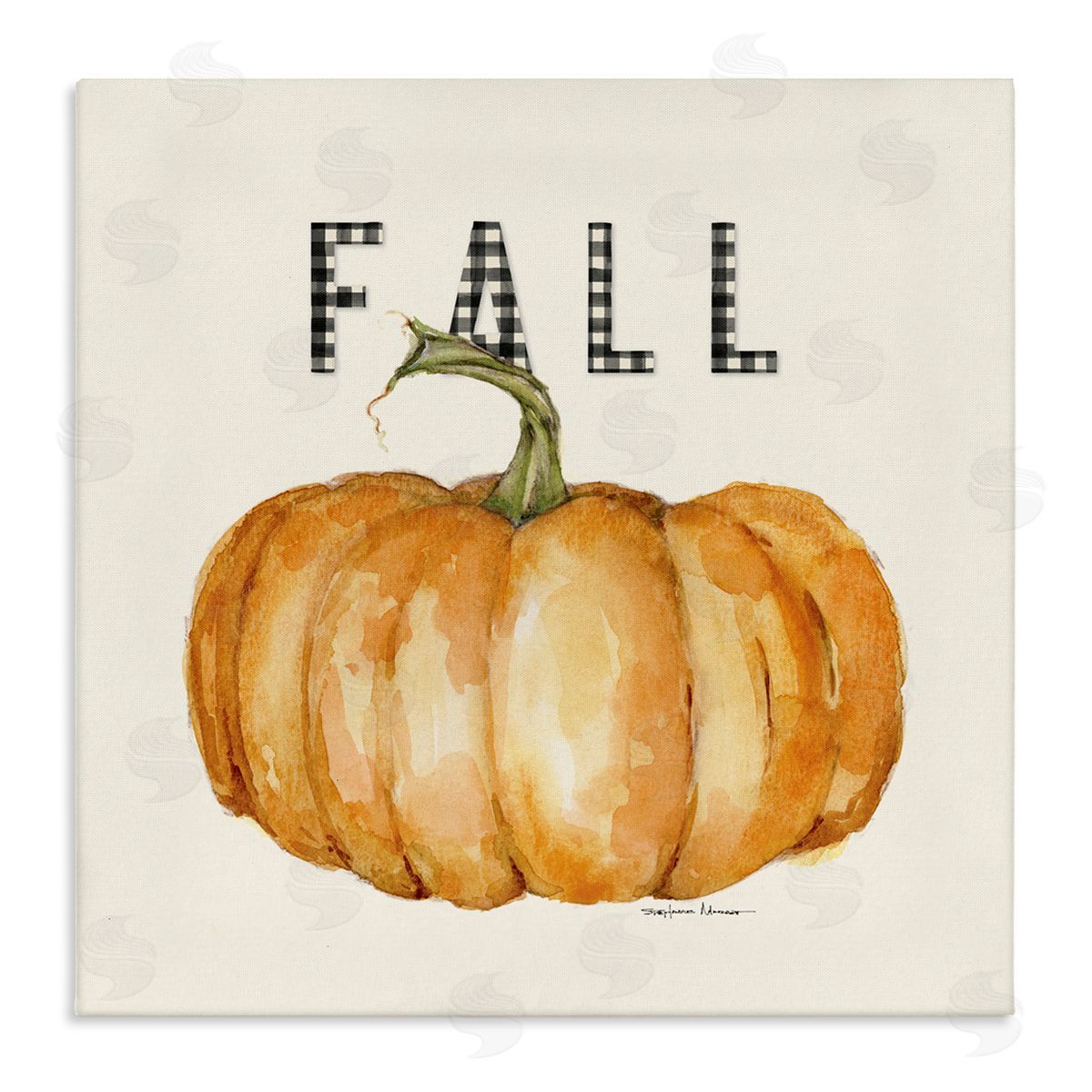 Stephanie Workman Marrott Fall Pumpkin Black Farm Plaid Typography Autumn Gourd Stretched Canvas Wall Art Print