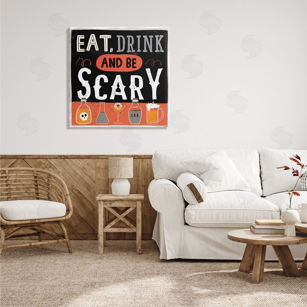 Lady Louise Designs Eat Drink Be Scary Spooky Phrase Halloween Cocktails Canvas Wall Art in Room