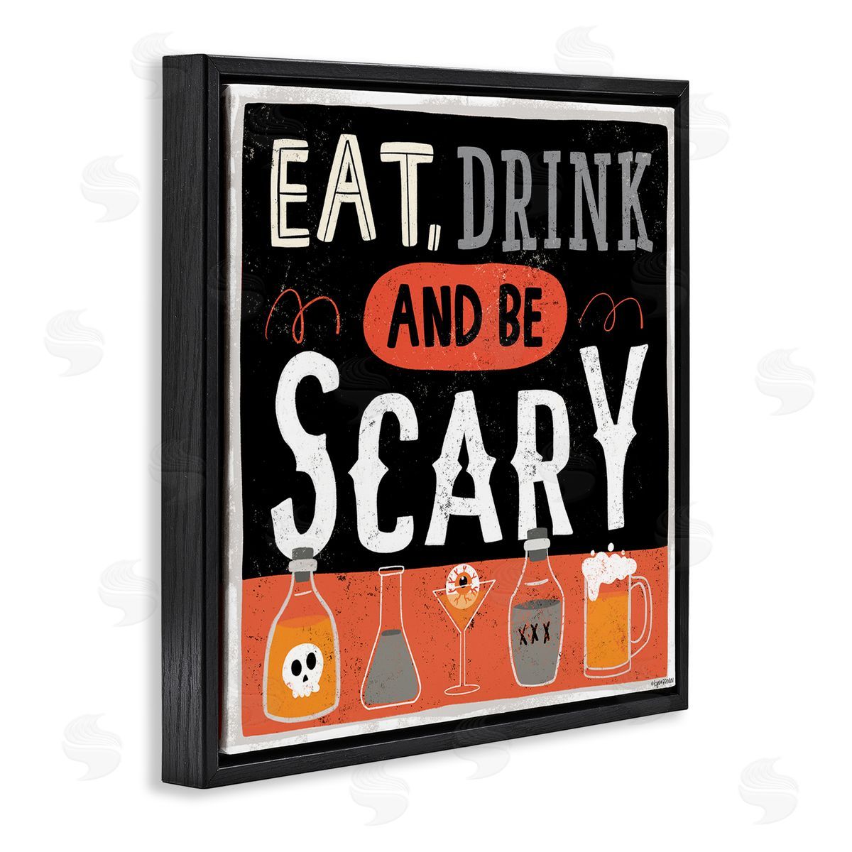 Lady Louise Designs Eat Drink Be Scary Spooky Phrase Halloween Cocktails Black Floating Frame Canvas Wall Art Print