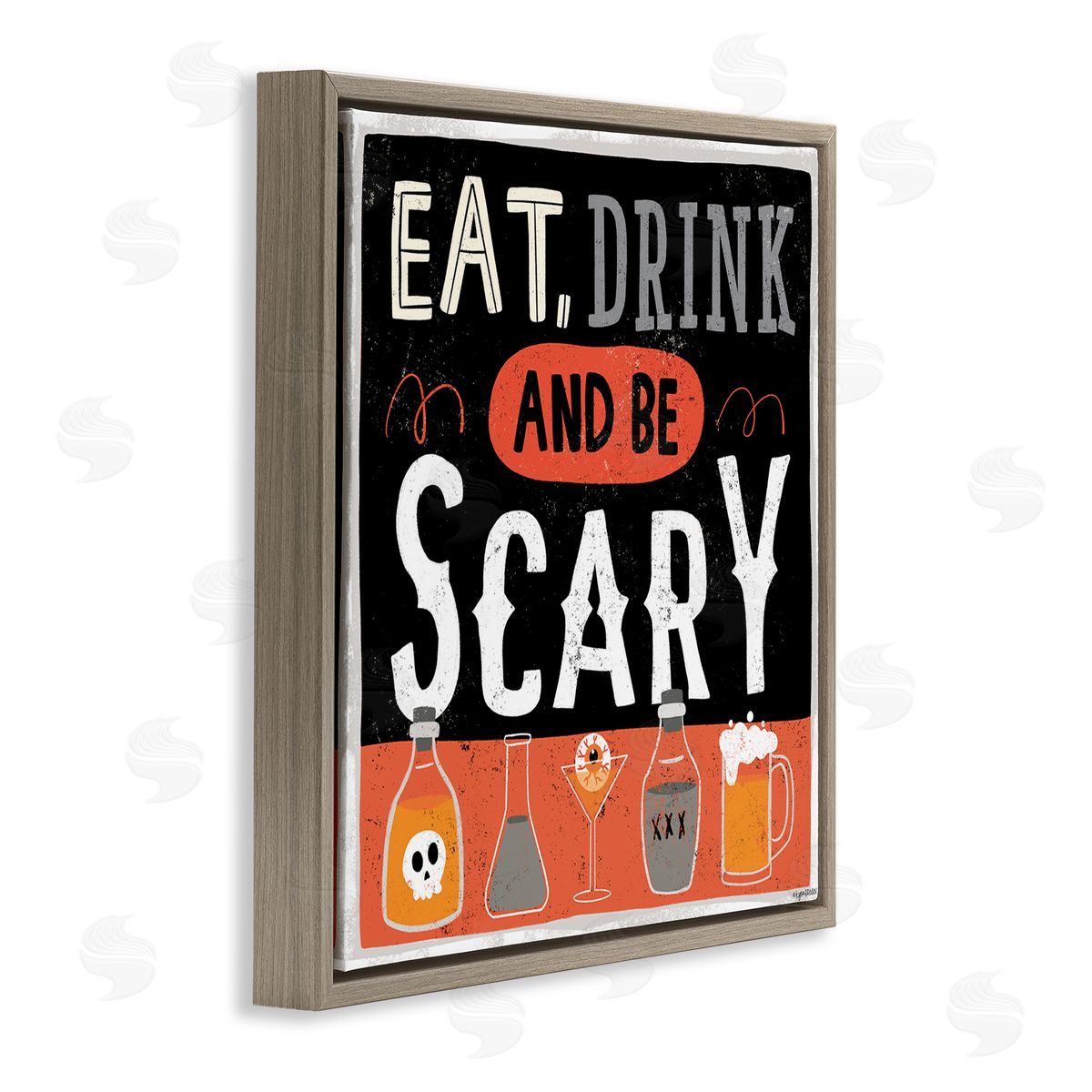 Lady Louise Designs Eat Drink Be Scary Spooky Phrase Halloween Cocktails Brown Floating Frame Canvas Wall Art Print