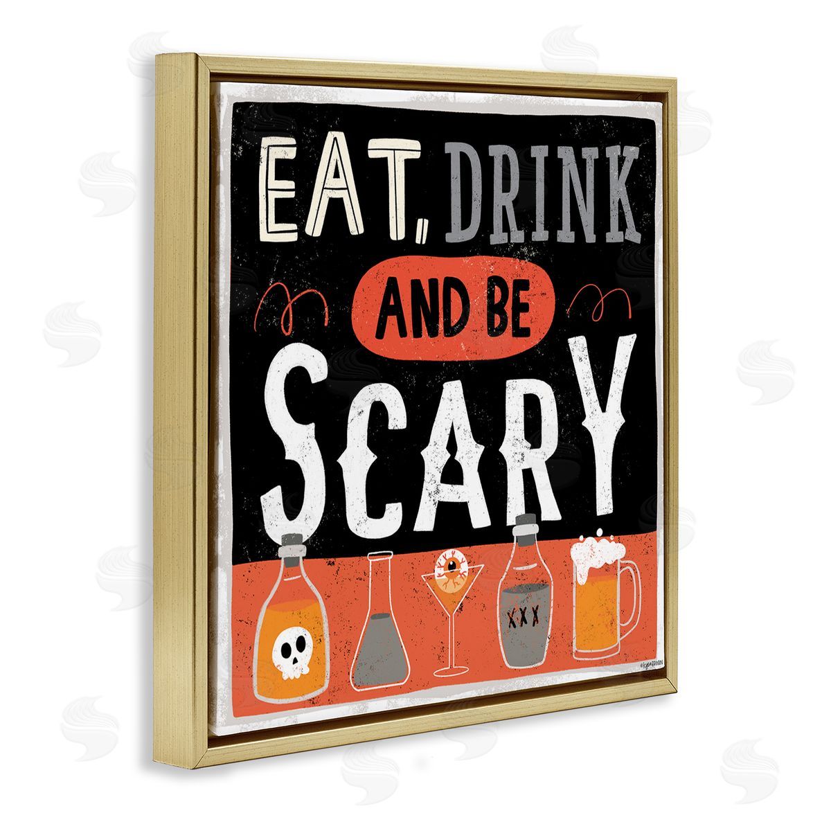 Lady Louise Designs Eat Drink Be Scary Spooky Phrase Halloween Cocktails Gold Floating Frame Canvas Wall Art Print