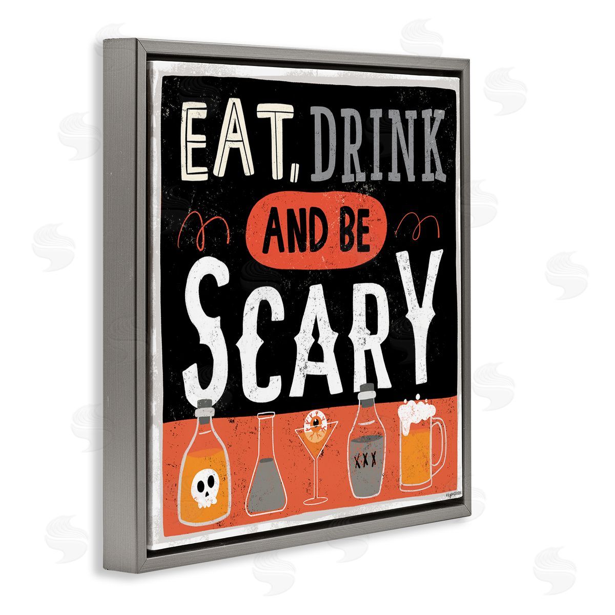 Lady Louise Designs Eat Drink Be Scary Spooky Phrase Halloween Cocktails Gray Floating Frame Canvas Wall Art Print