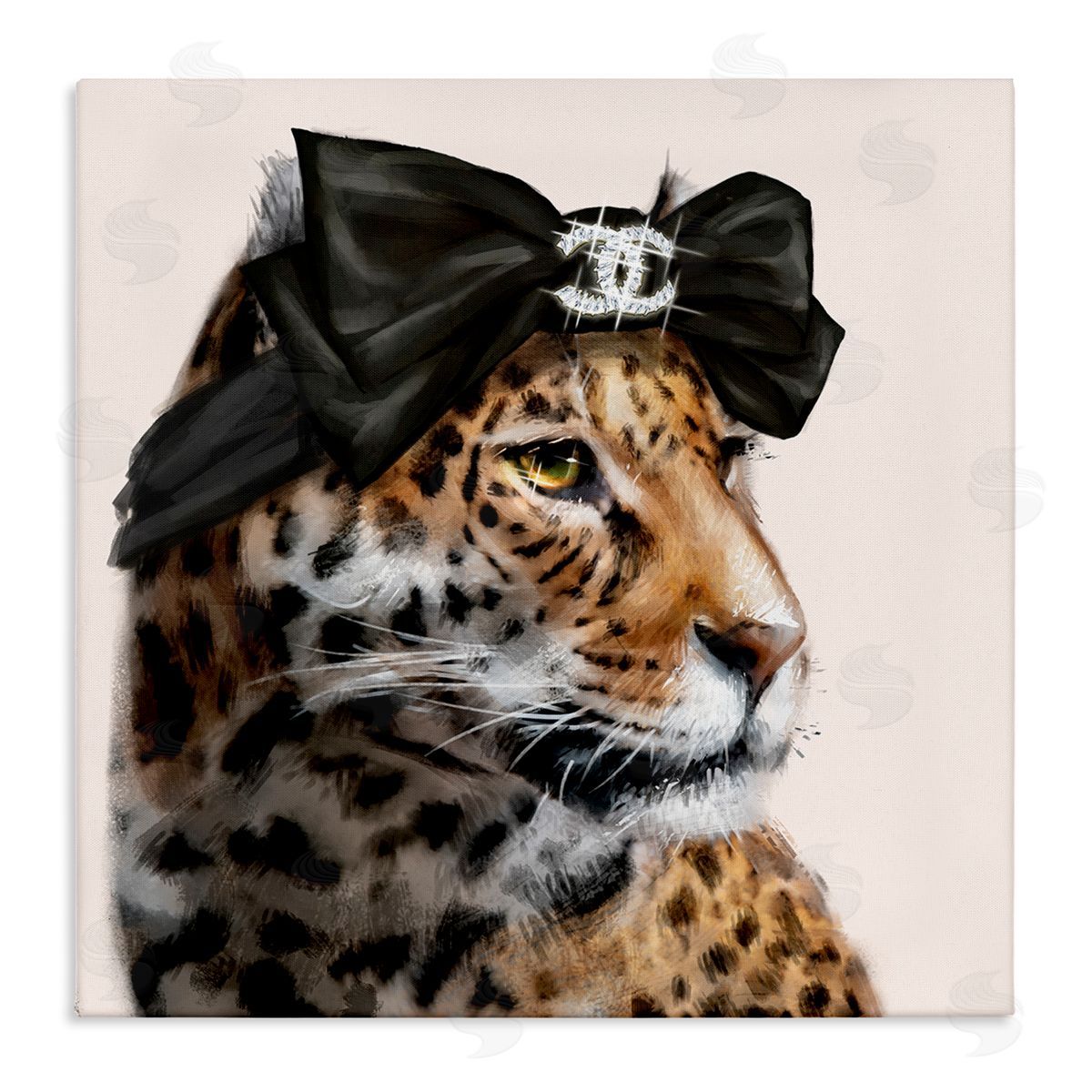 Ziwei Li Fashion Leopard Chic Animal Black Bow Glam Stretched Canvas Wall Art Print