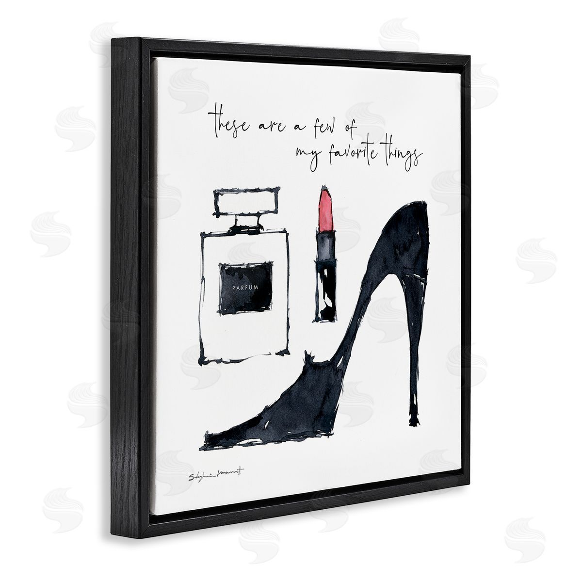 Stephanie Workman Marrott My Favorite Things Phrase Perfume Lipstick Fashion Shoes Black Floating Frame Canvas Wall Art Print