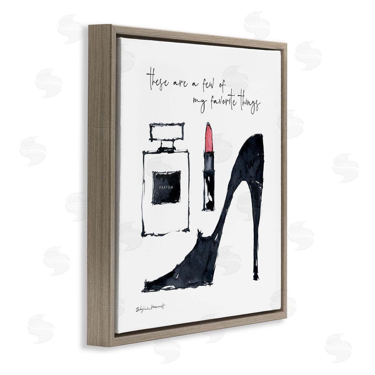 Stephanie Workman Marrott My Favorite Things Phrase Perfume Lipstick Fashion Shoes Brown Floating Frame Canvas Wall Art Print