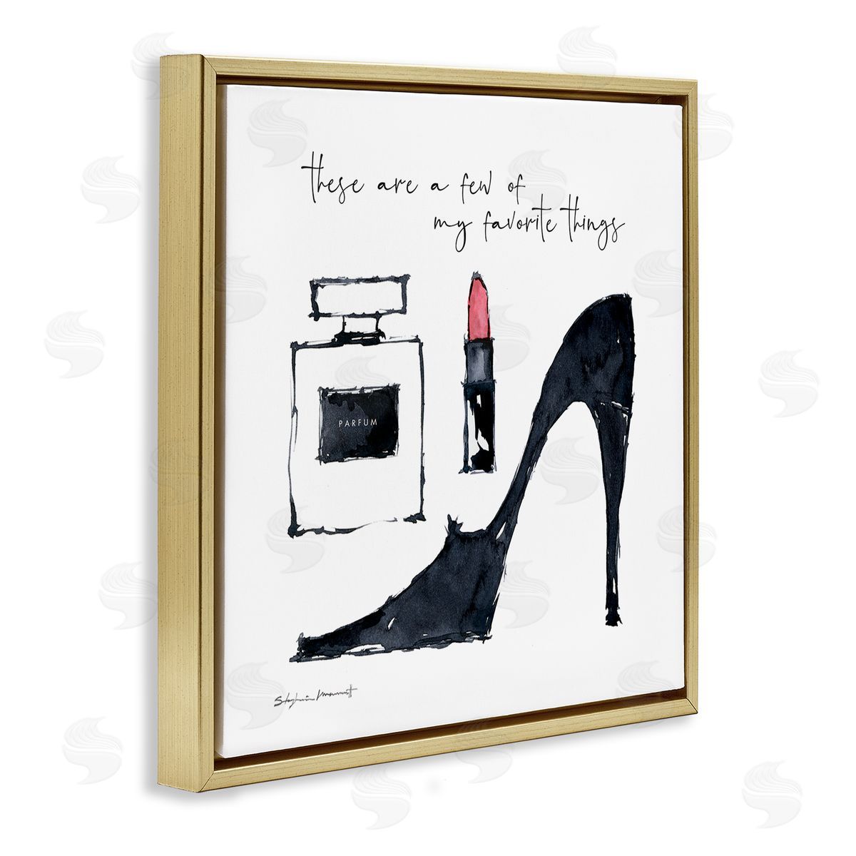 Stephanie Workman Marrott My Favorite Things Phrase Perfume Lipstick Fashion Shoes Gold Floating Frame Canvas Wall Art Print
