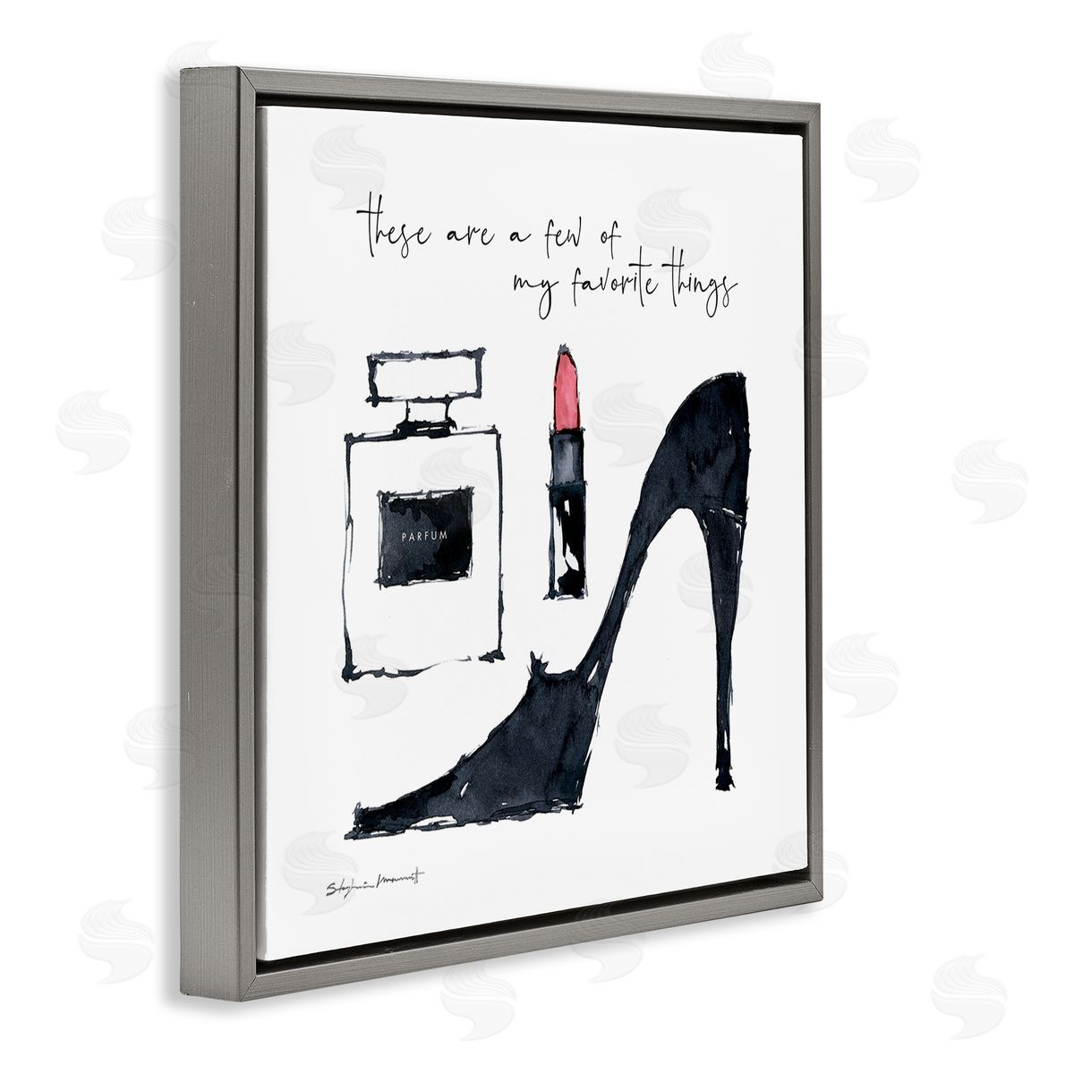 Stephanie Workman Marrott My Favorite Things Phrase Perfume Lipstick Fashion Shoes Gray Floating Frame Canvas Wall Art Print