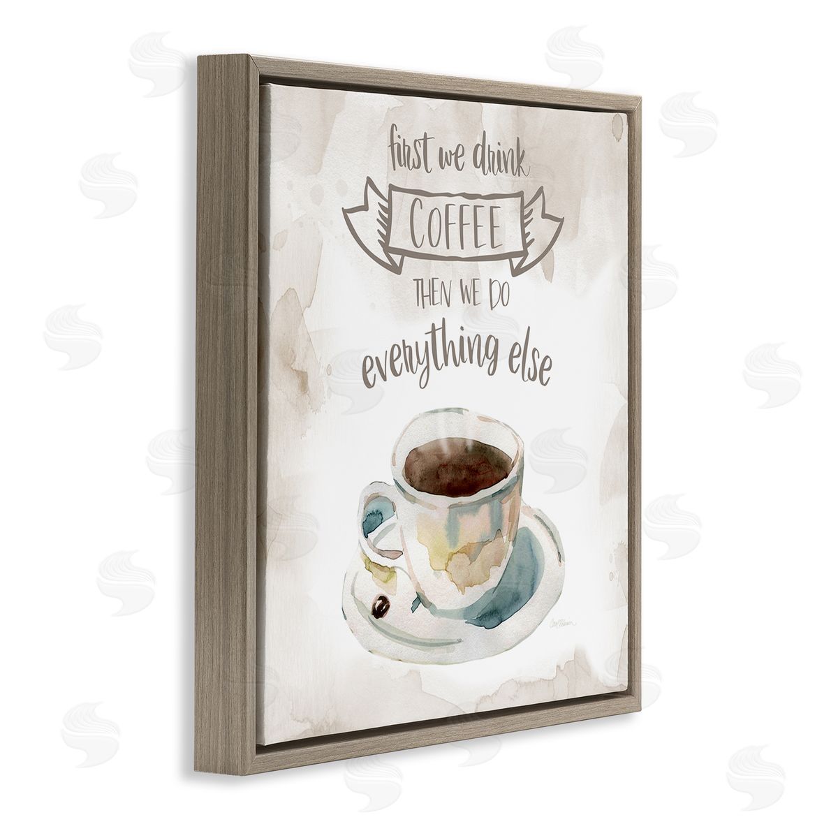 Carol Robinson First We Drink Coffee Phrase Coffee Cup Saucer Brown Floating Frame Canvas Wall Art Print