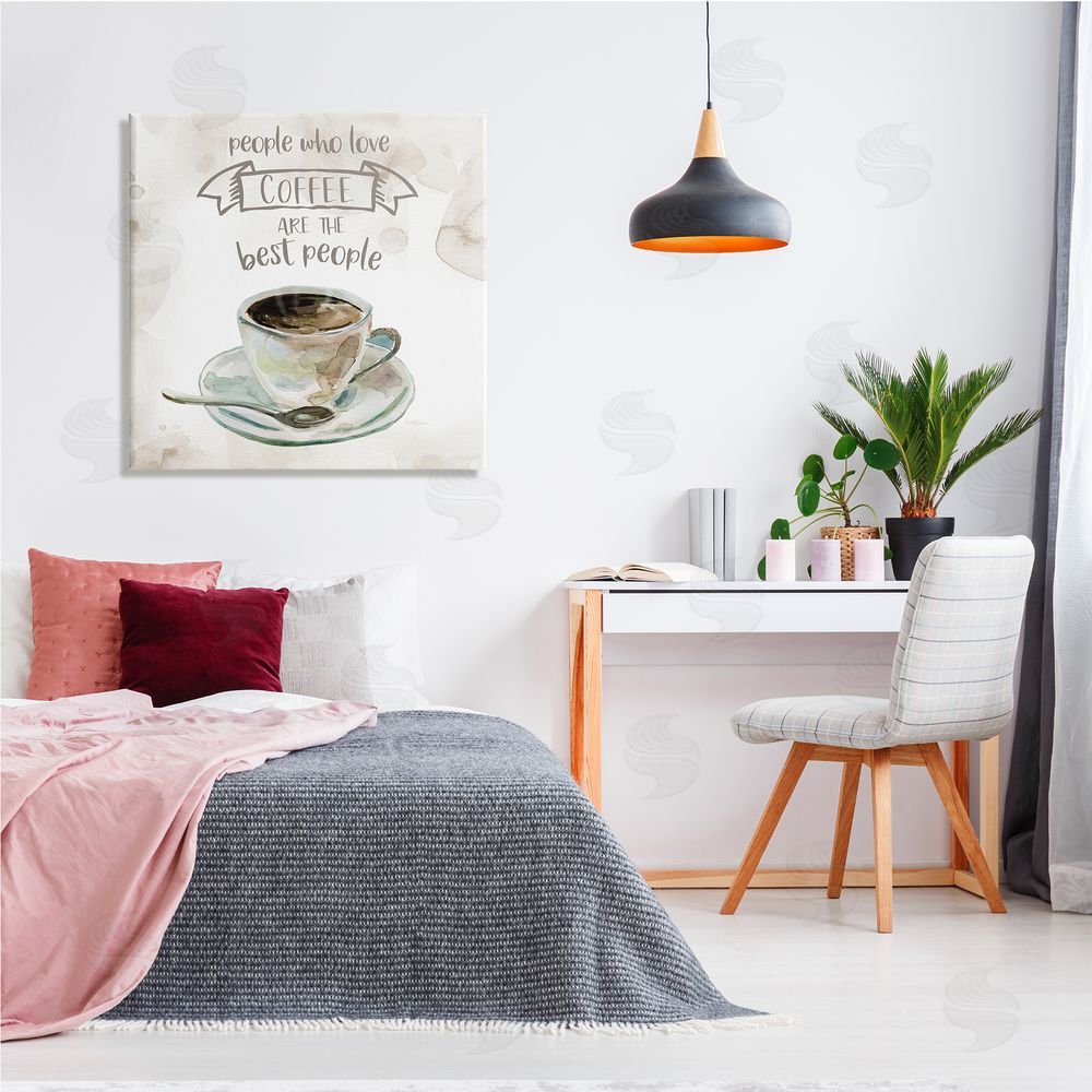 Carol Robinson People Who Love Coffee Phrase Watercolor Painting Canvas Wall Art in Room