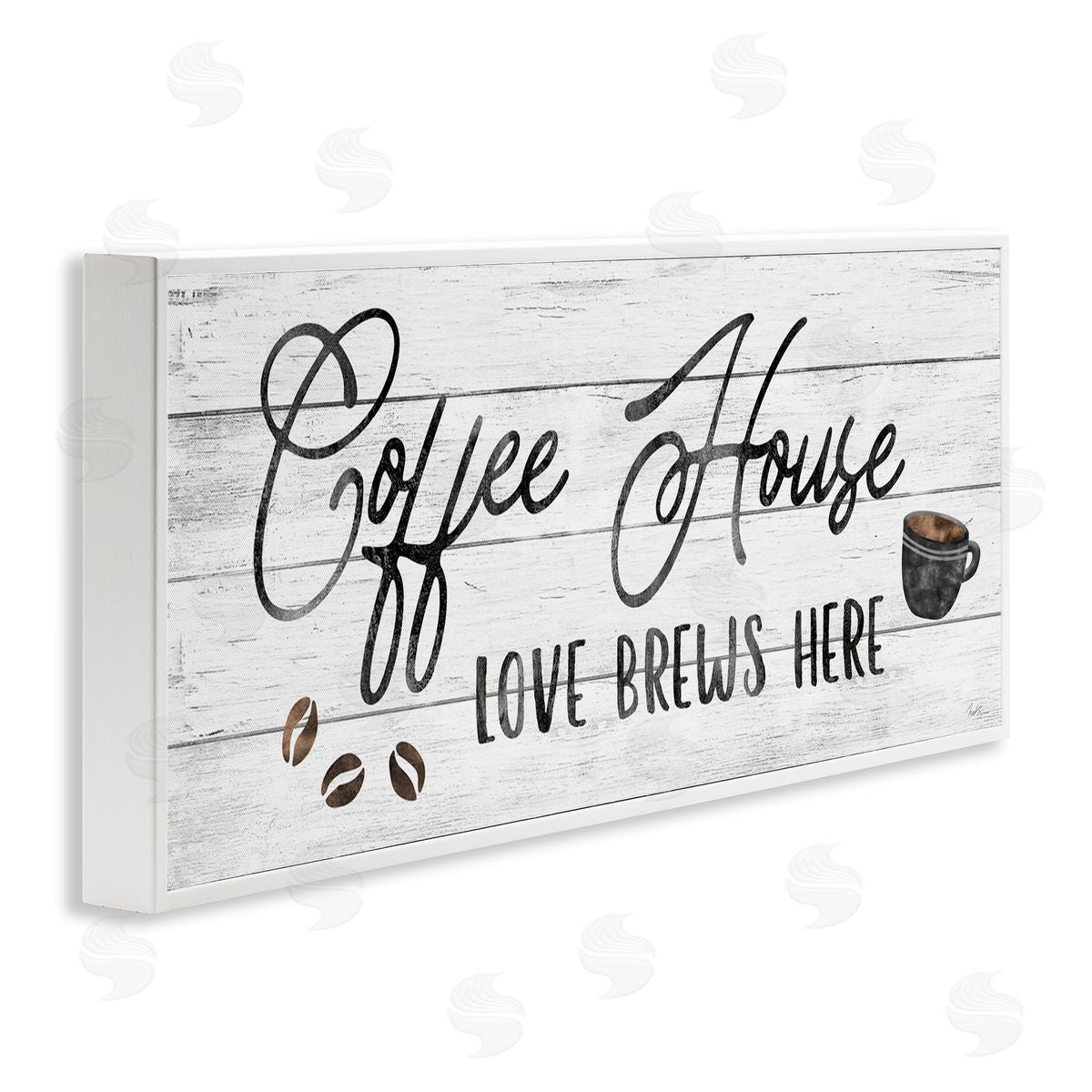 Coffee House Love Brews Here White Frame Print Wall Art, Home Decor by Natalie Carpentieri