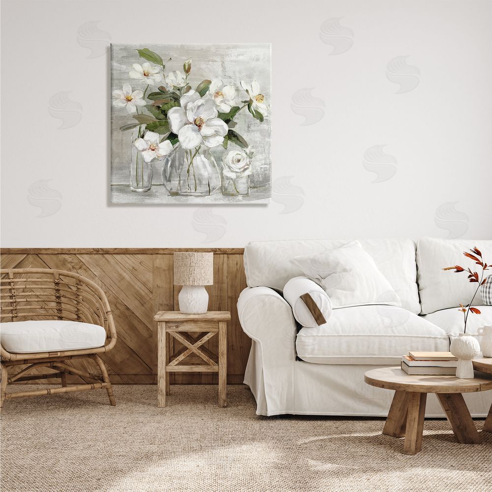 Sally Swatland Blooming White Florals Distressed Painting Country Still Life Canvas Wall Art in Room