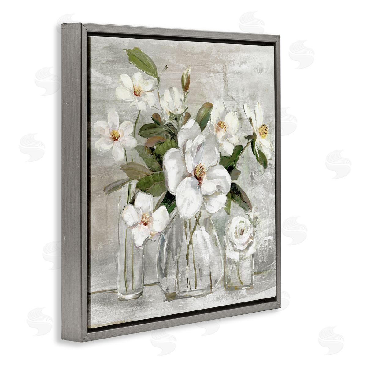 Sally Swatland Blooming White Florals Distressed Painting Country Still Life Gray Floating Frame Canvas Wall Art Print