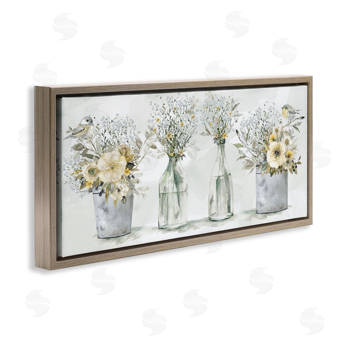 Songbirds with Floral Bouquets Brown Floating Frame Canvas Wall Art, Home Decor by Carol Robinson