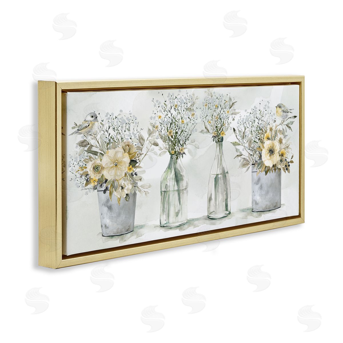 Songbirds with Floral Bouquets Gold Floating Frame Canvas Wall Art, Home Decor by Carol Robinson