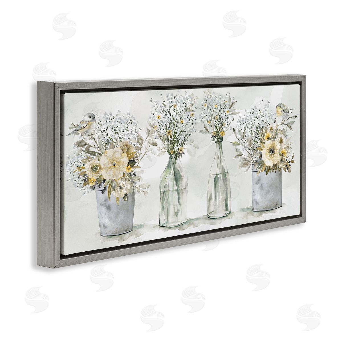 Songbirds with Floral Bouquets Grey Floating Frame Canvas Wall Art, Home Decor by Carol Robinson