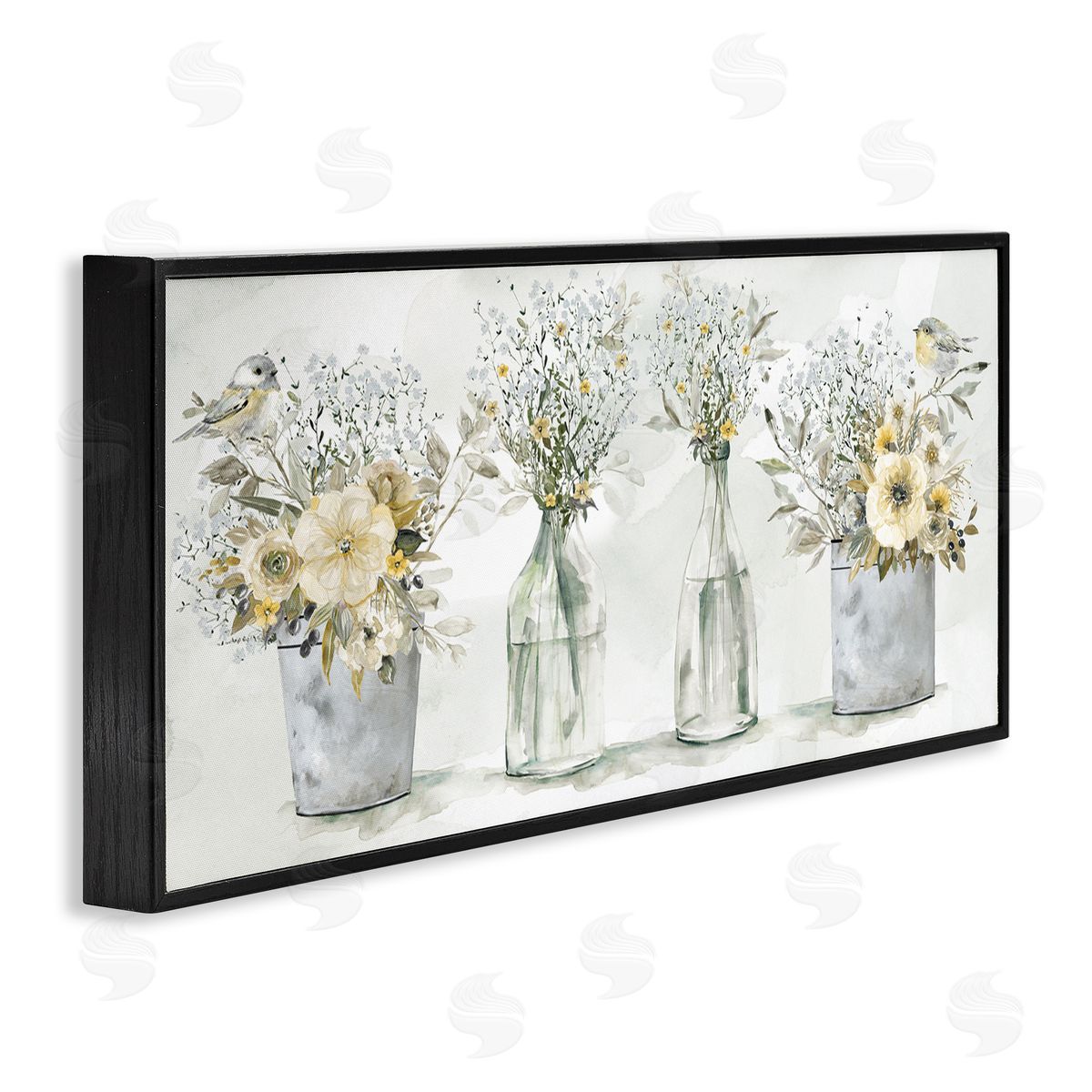 Songbirds with Floral Bouquets Black Frame Print Wall Art, Home Decor by Carol Robinson
