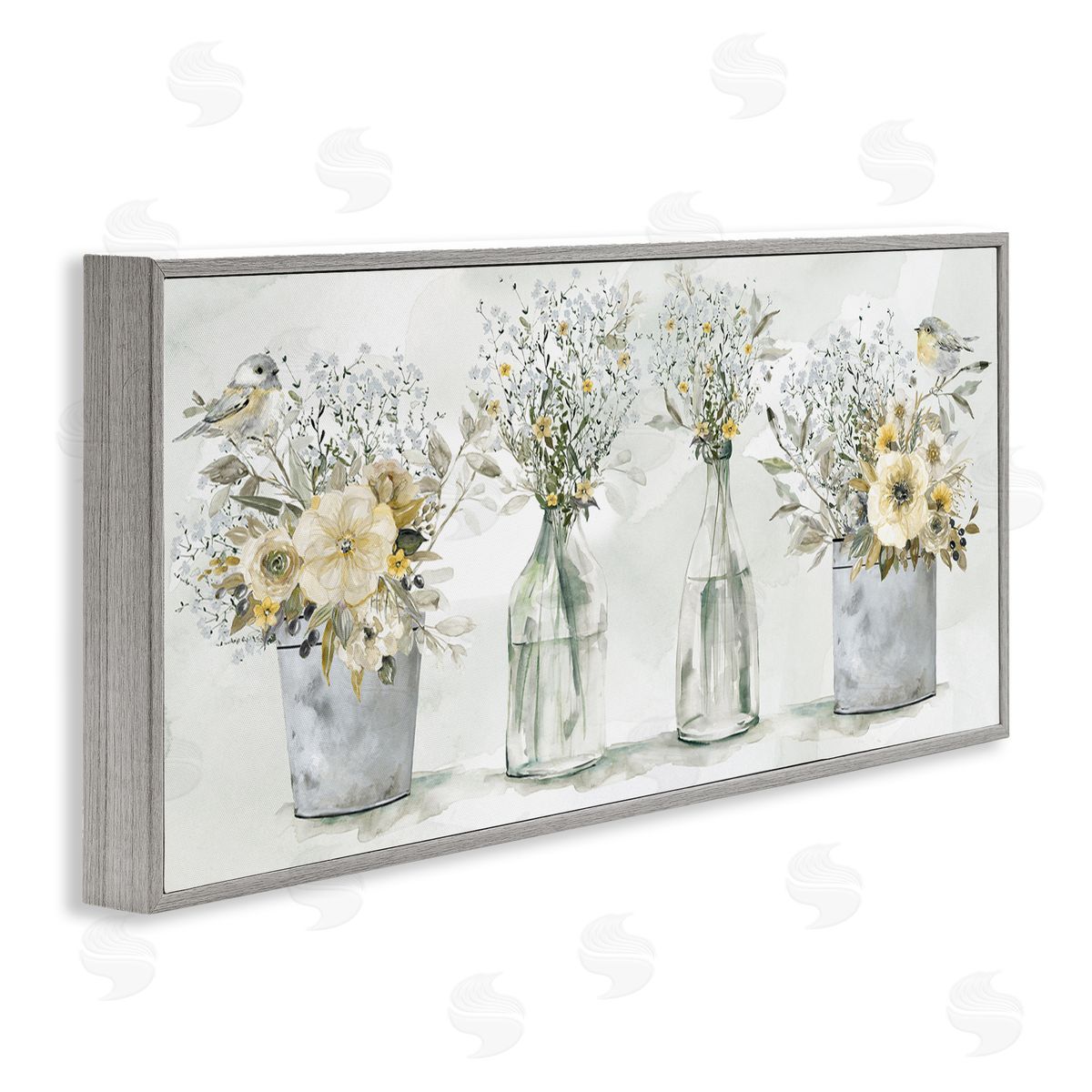 Songbirds with Floral Bouquets Grey Frame Print Wall Art, Home Decor by Carol Robinson