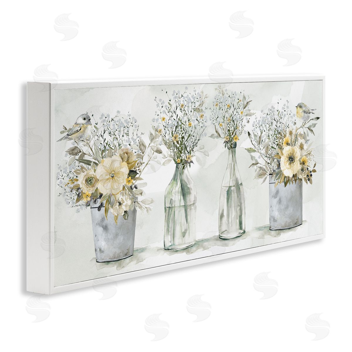 Songbirds with Floral Bouquets White Frame Print Wall Art, Home Decor by Carol Robinson