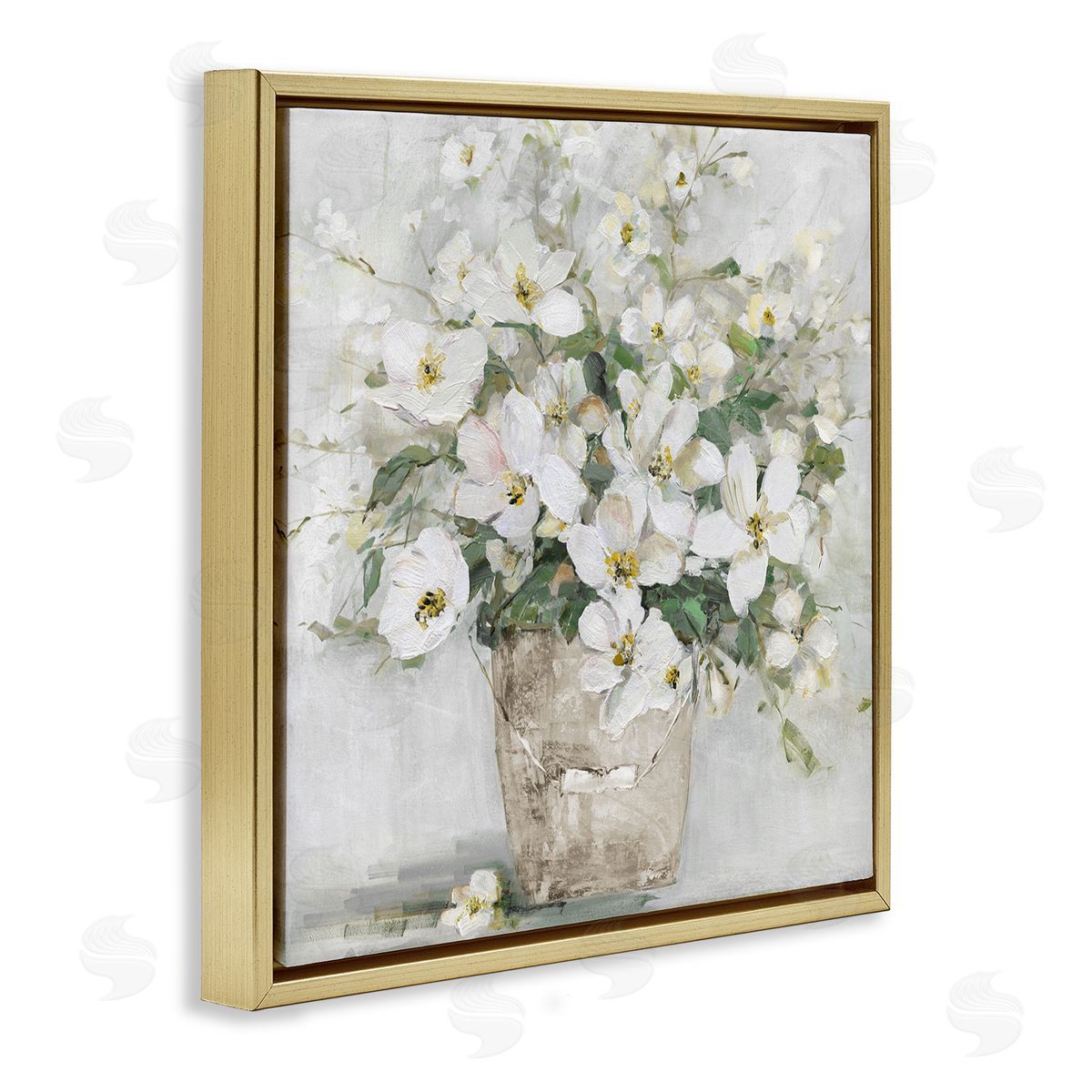 Sally Swatland Farmhouse Poppies Floral Blossom Bouquet Country Bucket Gold Floating Frame Canvas Wall Art Print