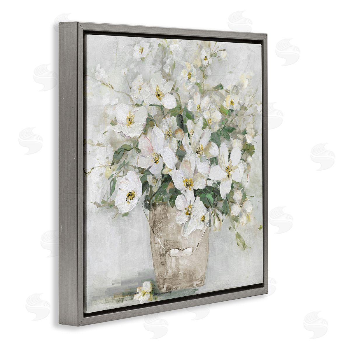 Sally Swatland Farmhouse Poppies Floral Blossom Bouquet Country Bucket Gray Floating Frame Canvas Wall Art Print