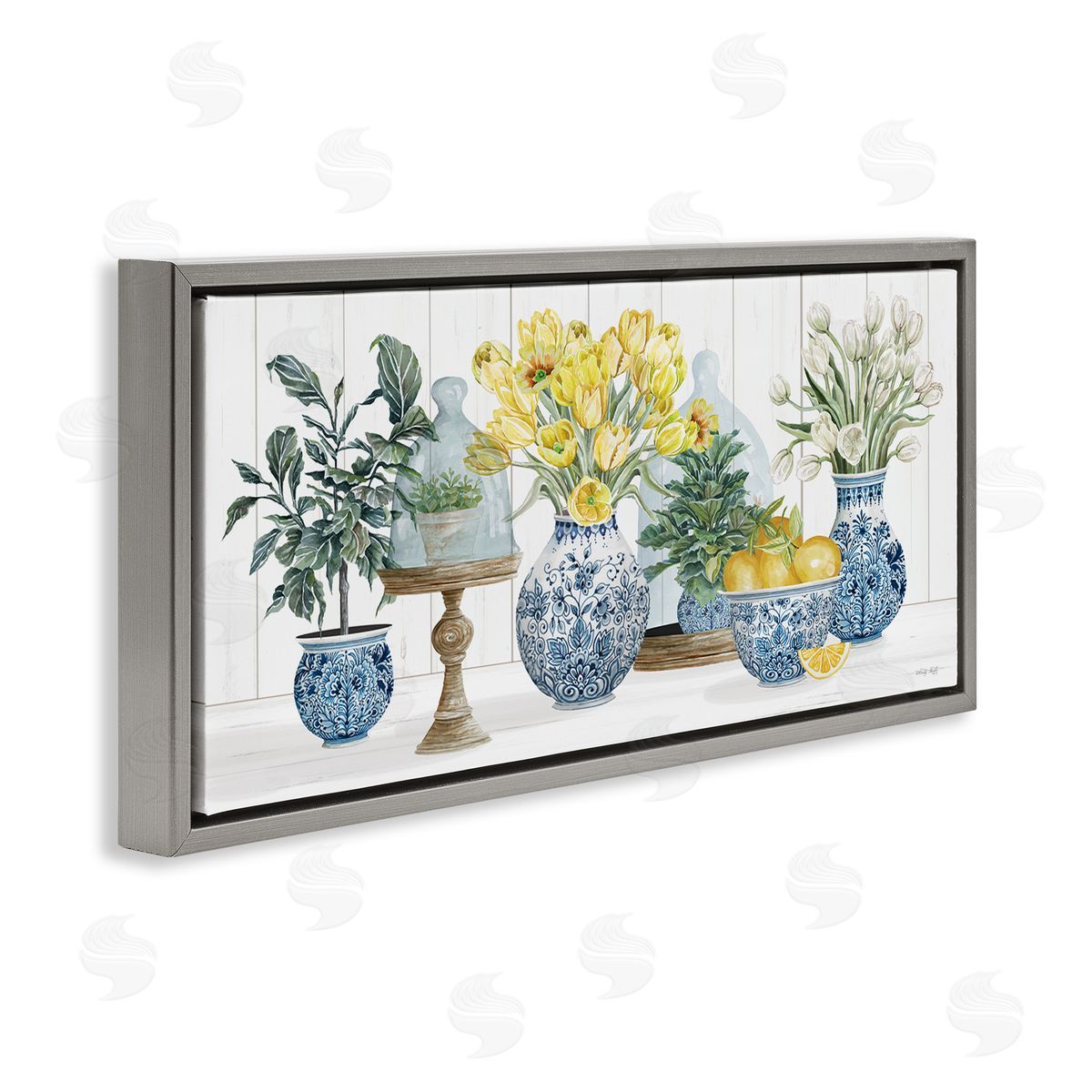 Yellow Tulips & Lemon Fruits Grey Floating Frame Canvas Wall Art, Home Decor by Cindy Jacobs