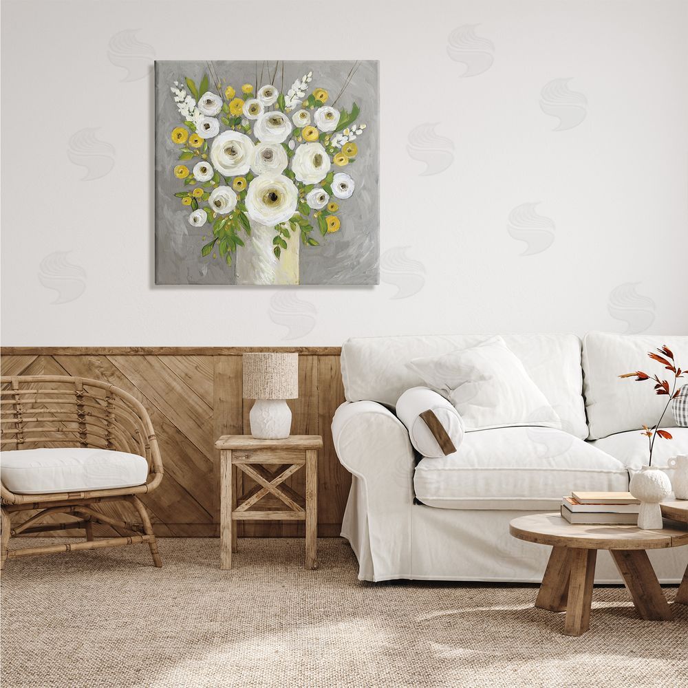Stephanie Workman Marrott Abstract Ranunculus Floral Bouquet Yellow White Country Flowers Canvas Wall Art in Room