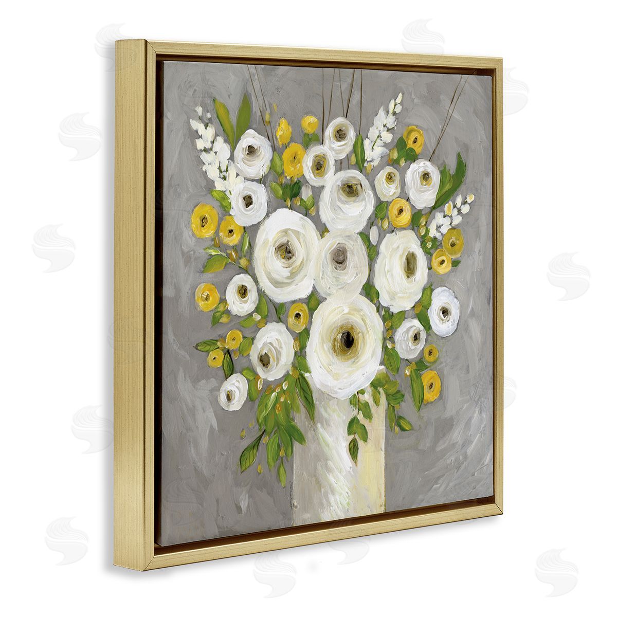 Stephanie Workman Marrott Abstract Ranunculus Floral Bouquet Yellow White Country Flowers Gold Floating Frame Canvas Wall Art Print