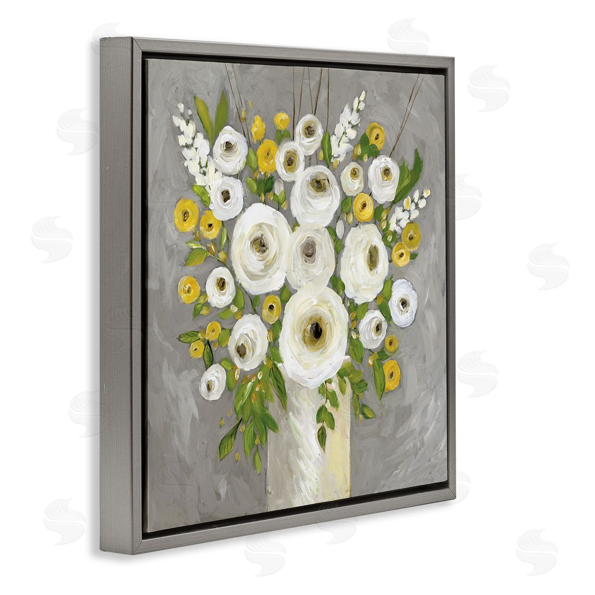 Stephanie Workman Marrott Abstract Ranunculus Floral Bouquet Yellow White Country Flowers Gray Floating Frame Canvas Wall Art Print