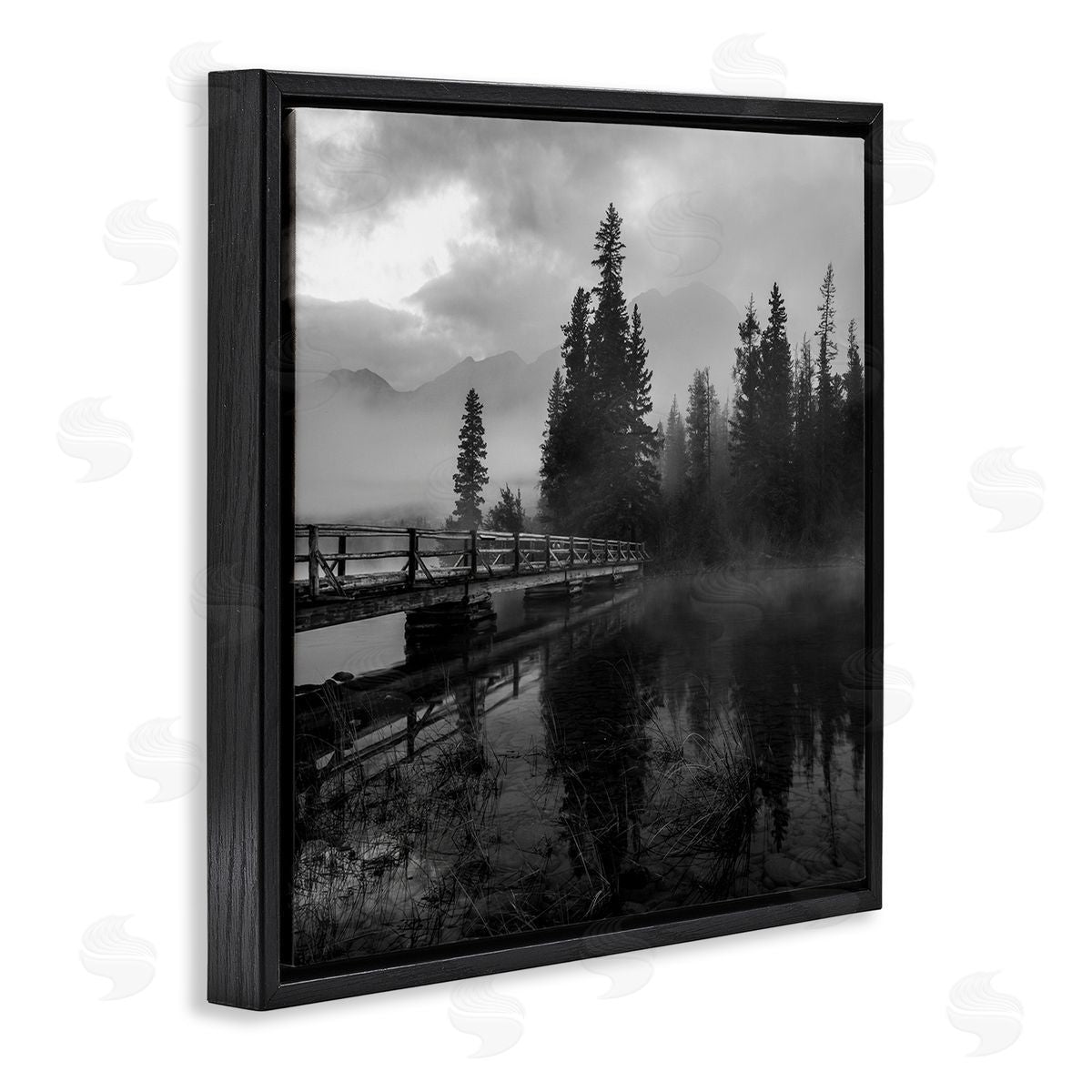 Daniel Sproul Foggy Lake Water Sky Misty Forest Rustic Photography Black Floating Frame Canvas Wall Art Print