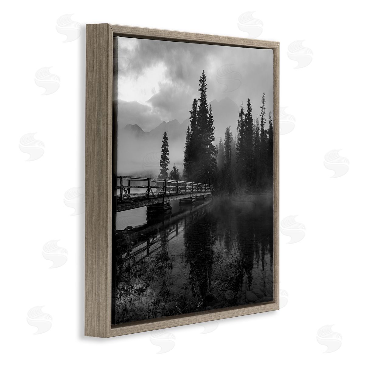 Daniel Sproul Foggy Lake Water Sky Misty Forest Rustic Photography Brown Floating Frame Canvas Wall Art Print