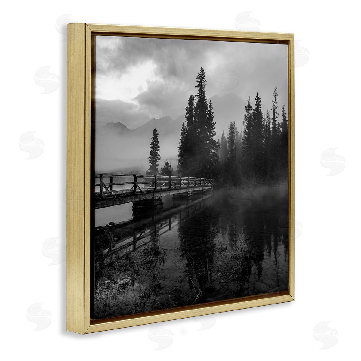 Daniel Sproul Foggy Lake Water Sky Misty Forest Rustic Photography Gold Floating Frame Canvas Wall Art Print