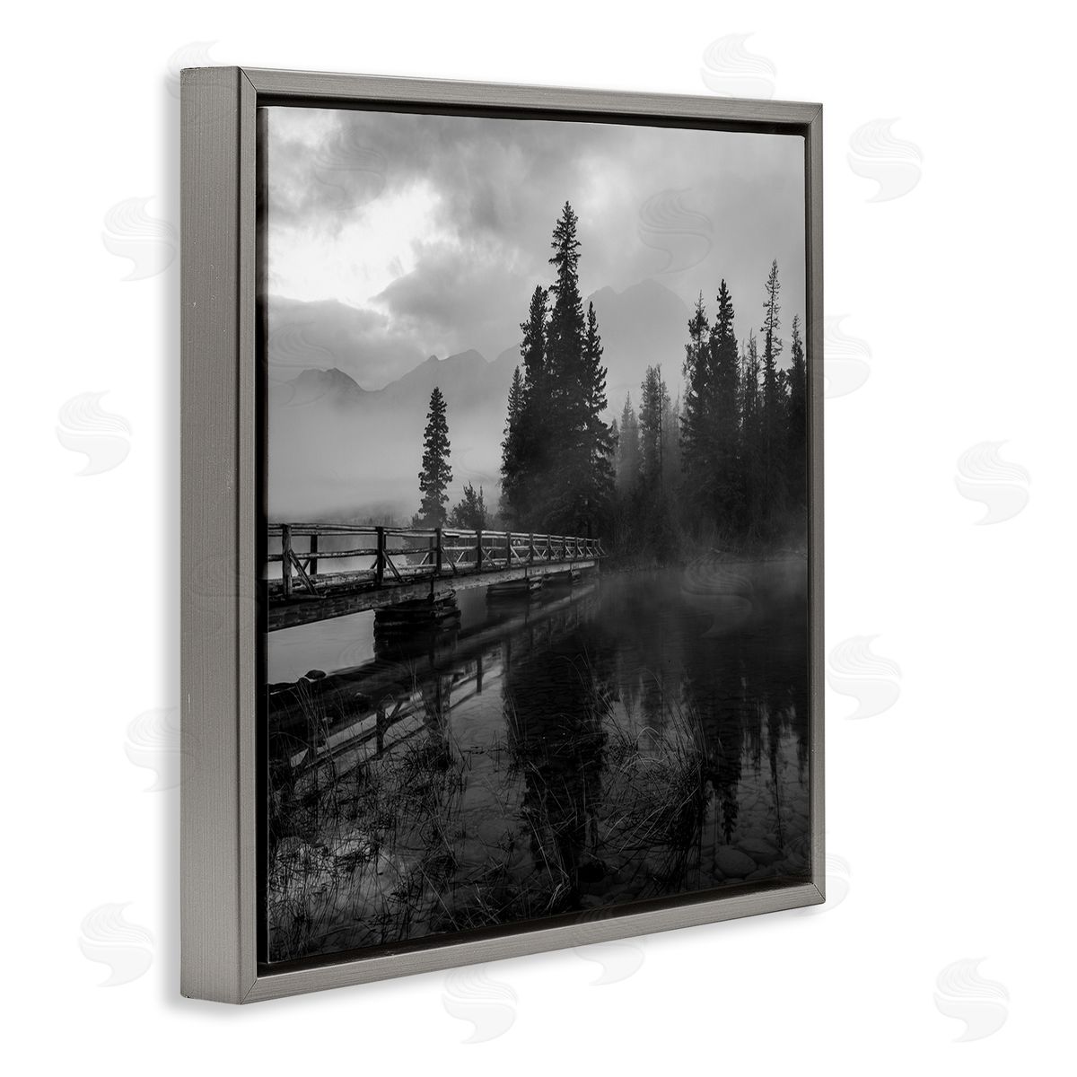 Daniel Sproul Foggy Lake Water Sky Misty Forest Rustic Photography Gray Floating Frame Canvas Wall Art Print