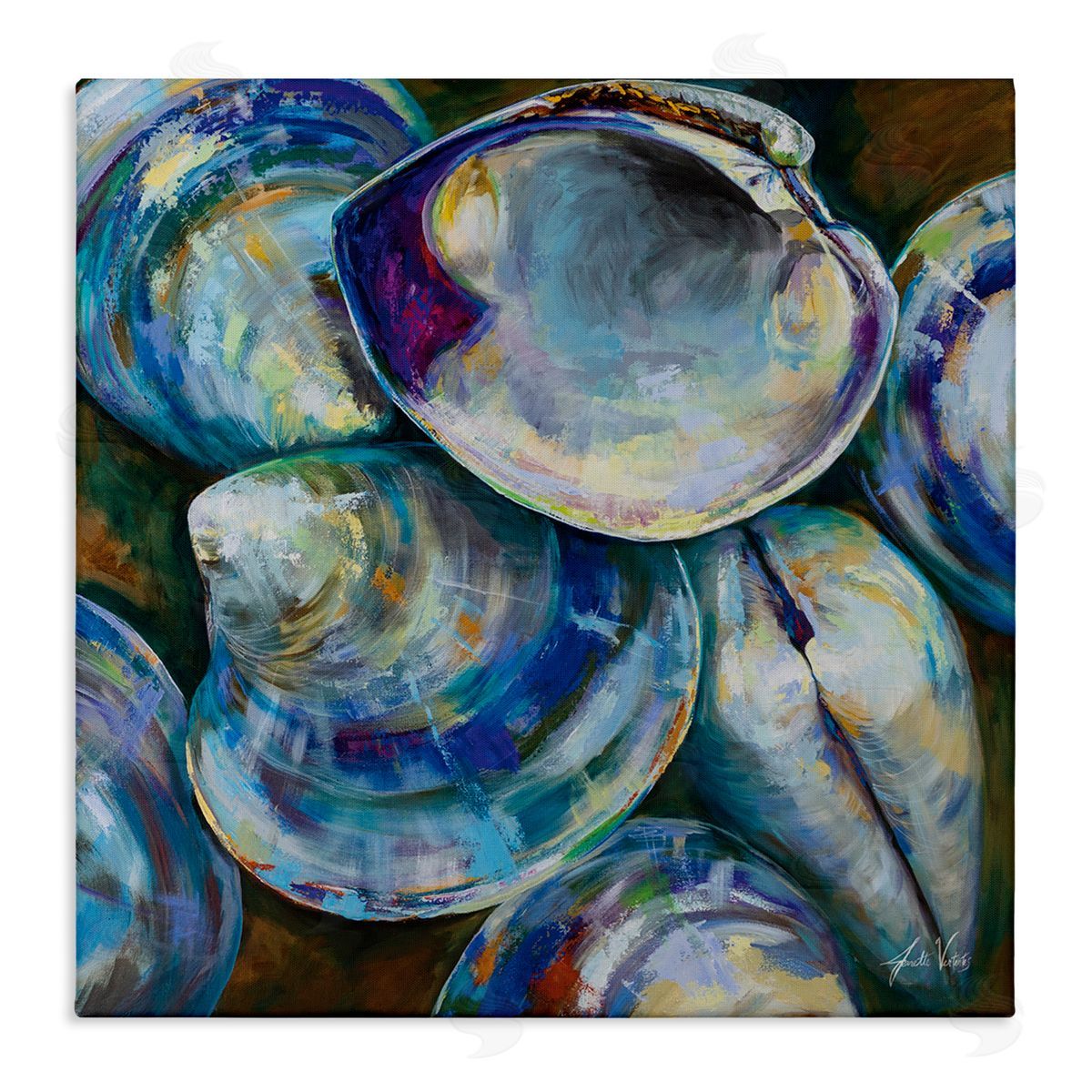 Jeanette Vertentes Modern Clam Shells Coastal Invertebrate Seashell Expressive Painting Stretched Canvas Wall Art Print