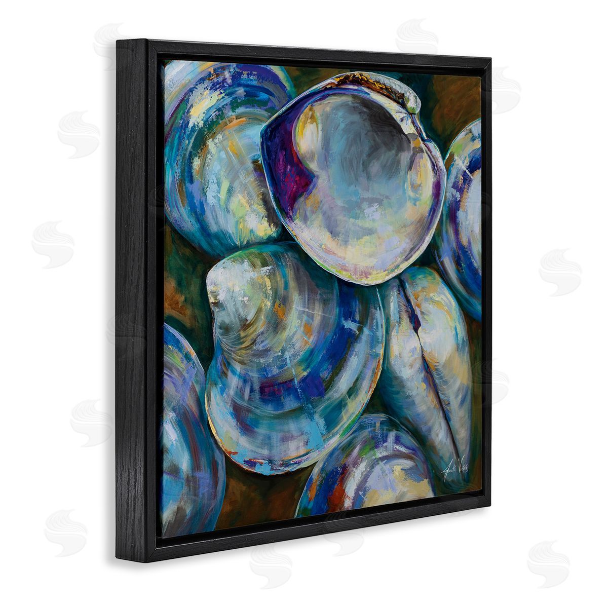 Jeanette Vertentes Modern Clam Shells Coastal Invertebrate Seashell Expressive Painting Black Floating Frame Canvas Wall Art Print