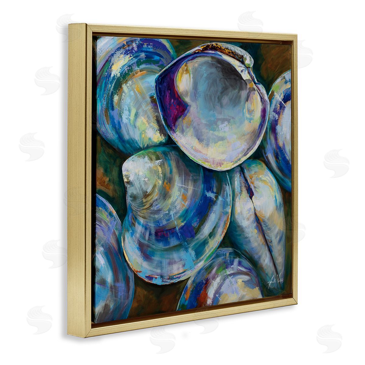 Jeanette Vertentes Modern Clam Shells Coastal Invertebrate Seashell Expressive Painting Gold Floating Frame Canvas Wall Art Print
