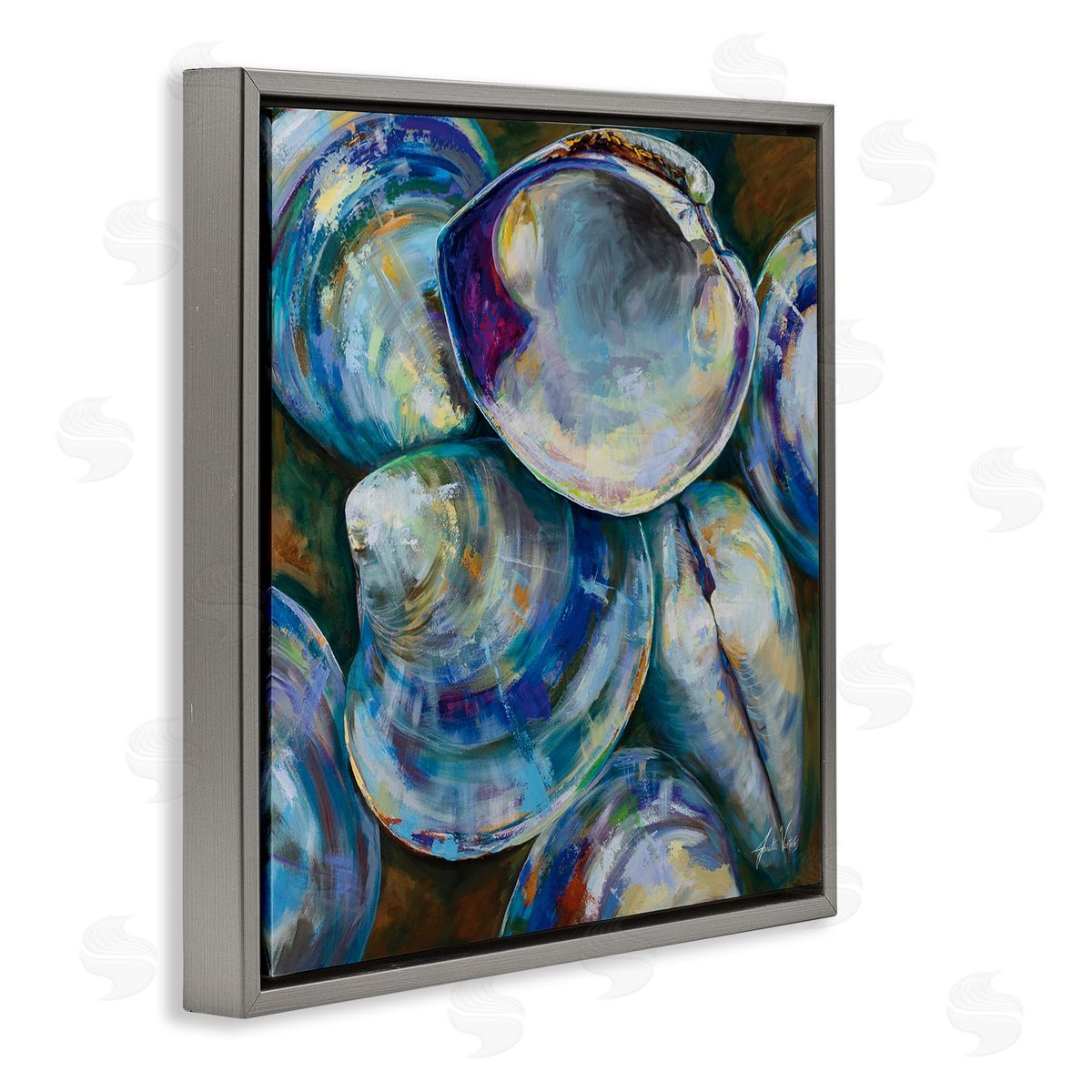 Jeanette Vertentes Modern Clam Shells Coastal Invertebrate Seashell Expressive Painting Gray Floating Frame Canvas Wall Art Print