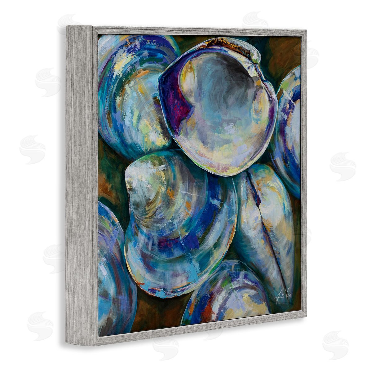 Jeanette Vertentes Modern Clam Shells Coastal Invertebrate Seashell Expressive Painting Gray Framed Glicee Wall Art Print