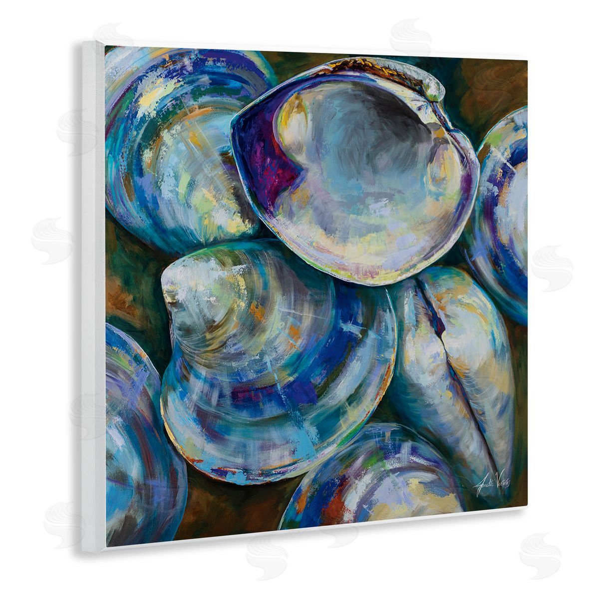 Jeanette Vertentes Modern Clam Shells Coastal Invertebrate Seashell Expressive Painting Wooden Wall Plaque Art Print