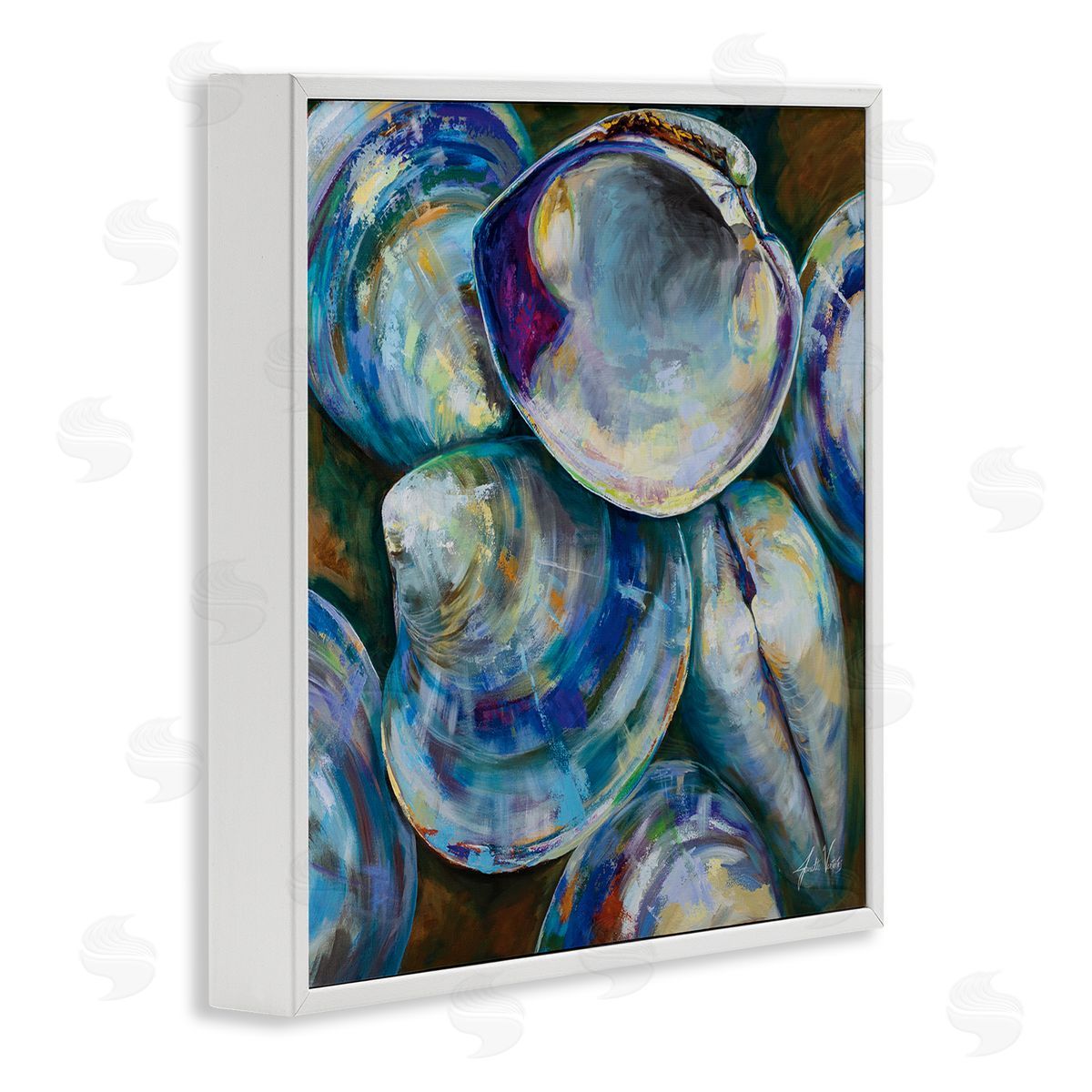 Jeanette Vertentes Modern Clam Shells Coastal Invertebrate Seashell Expressive Painting White Framed Glicee Wall Art Print