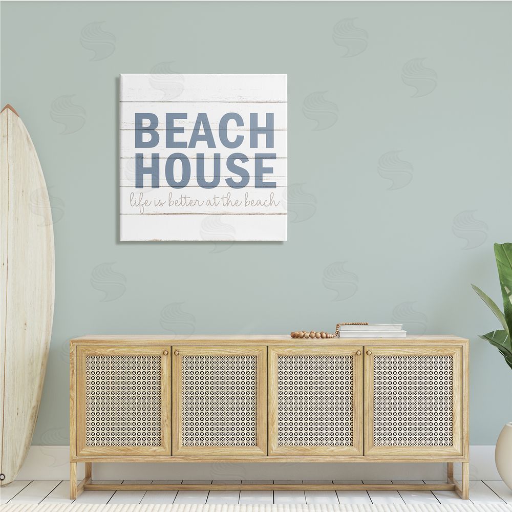 Kim Allen Beach House Life Is Better Phrase Planked Pattern Canvas Wall Art in Room