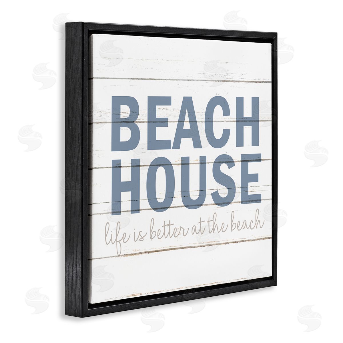 Kim Allen Beach House Life Is Better Phrase Planked Pattern Black Floating Frame Canvas Wall Art Print