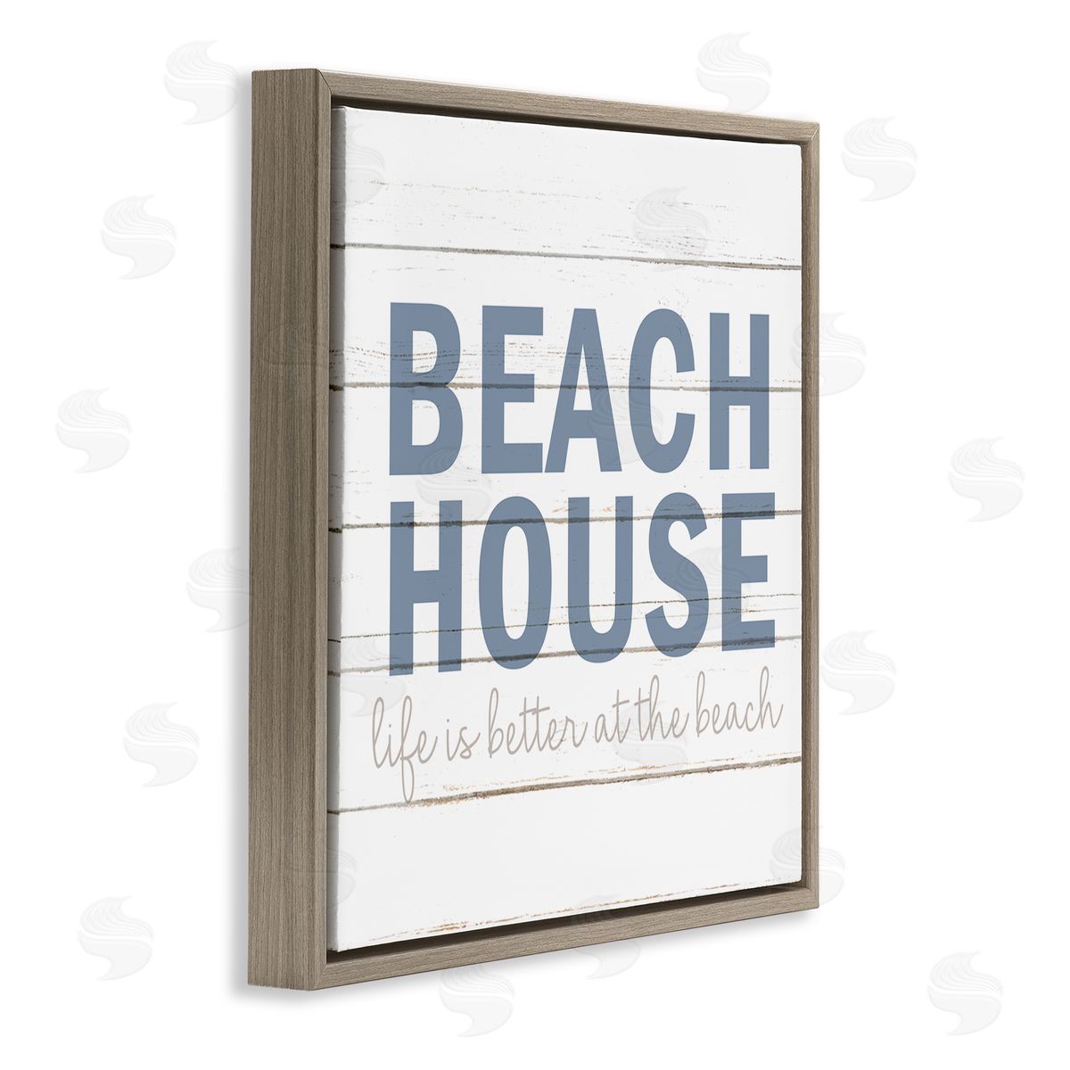Kim Allen Beach House Life Is Better Phrase Planked Pattern Brown Floating Frame Canvas Wall Art Print