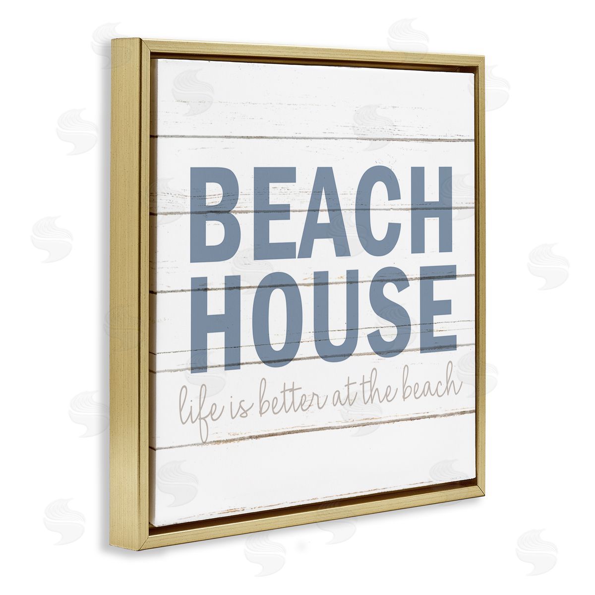 Kim Allen Beach House Life Is Better Phrase Planked Pattern Gold Floating Frame Canvas Wall Art Print